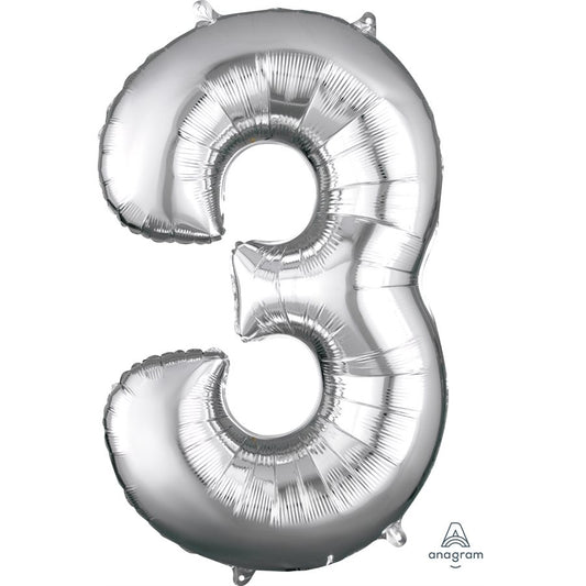 Silver Number 3 Decorative Balloon 20''x 34''